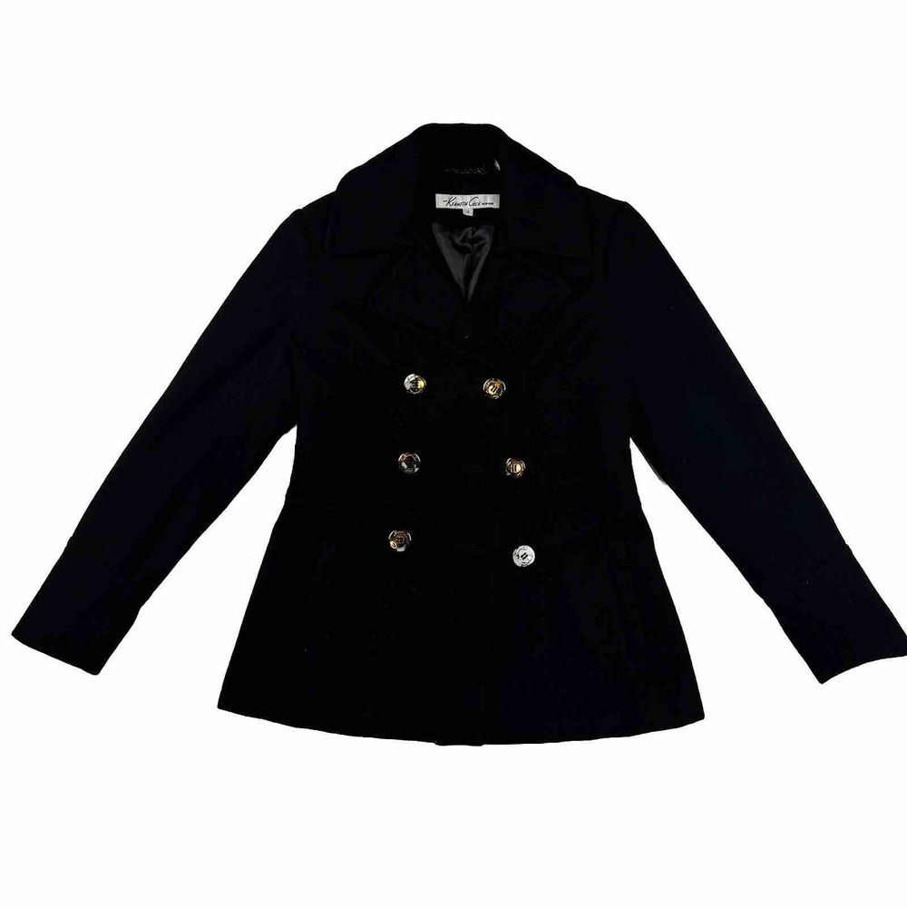 Kenneth Cole Womens Size 6 Pea Coat Black Double-Breasted READ
